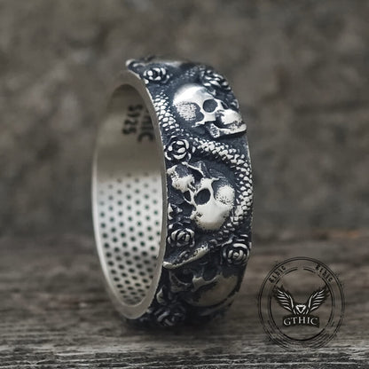 Gothic Rose Skull Snake Sterling Silver Ring