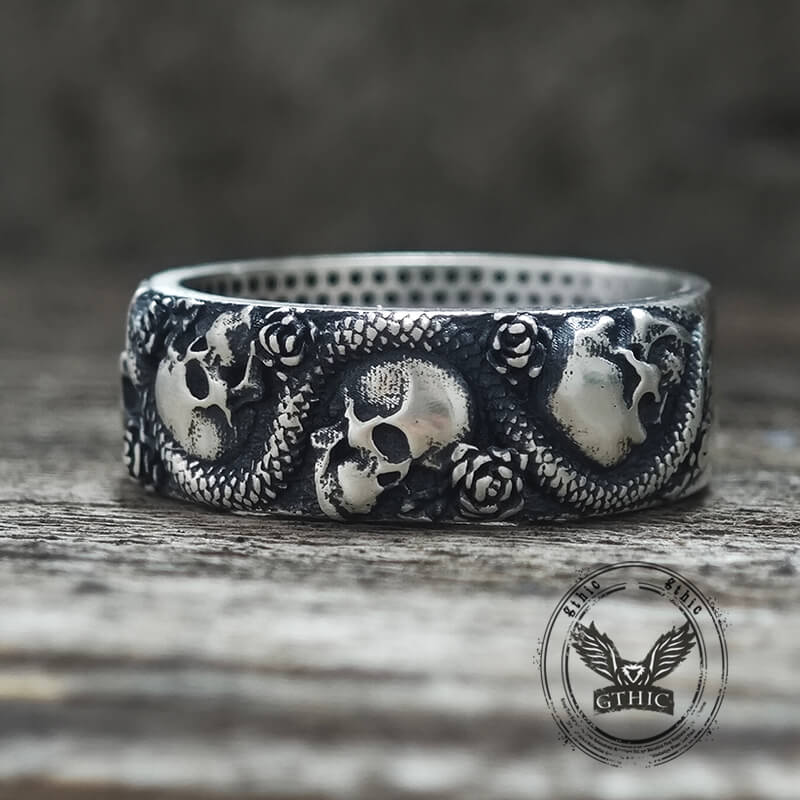 Gothic Rose Skull Snake Sterling Silver Ring