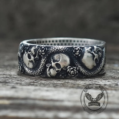 Gothic Rose Skull Snake Sterling Silver Ring