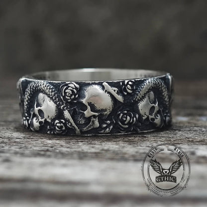 Gothic Rose Skull Snake Sterling Silver Ring