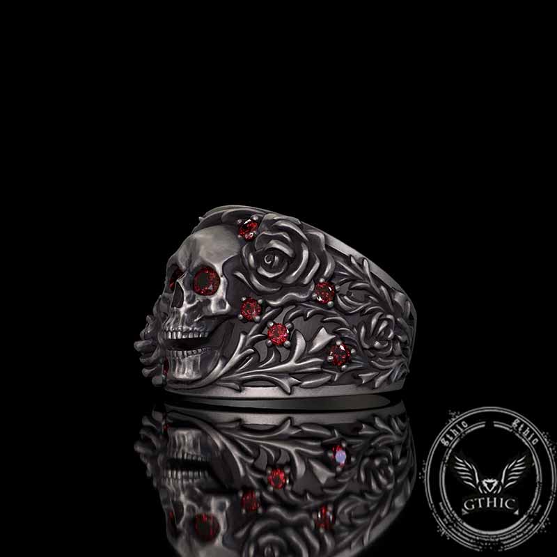 Gothic Rose Skull Sterling Silver Gemstone Ring