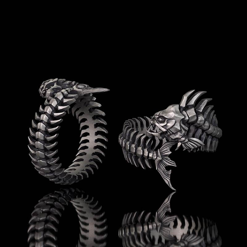 Gothic Skull Fishbone Spine Sterling Silver Open Ring
