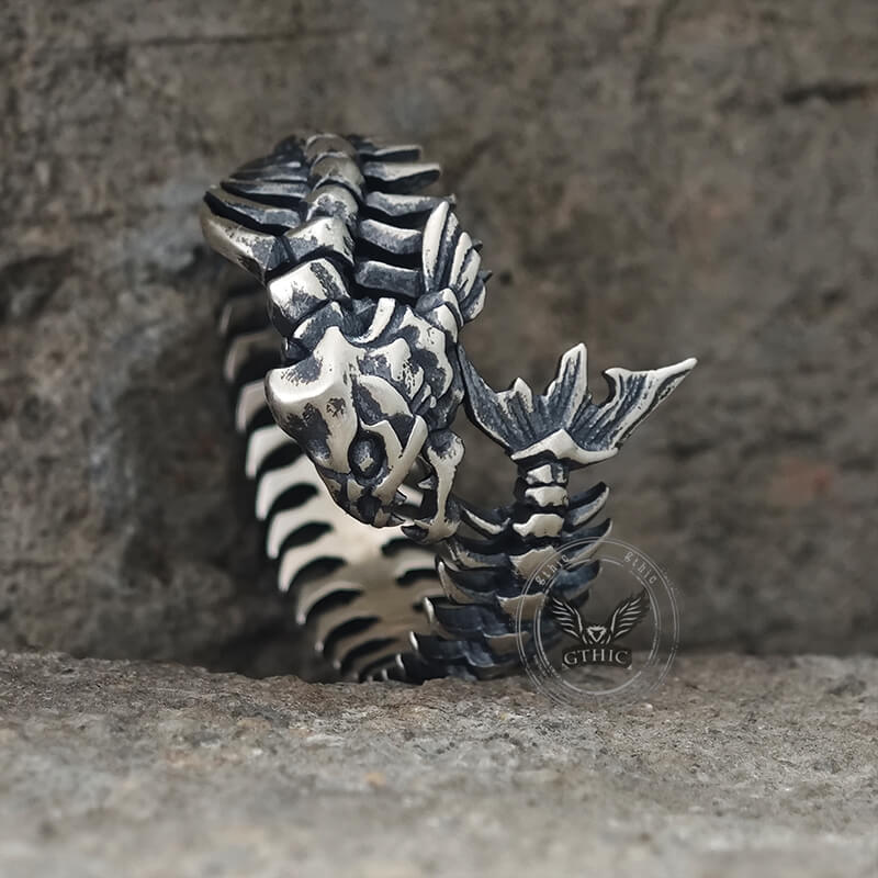 Gothic Skull Fishbone Spine Sterling Silver Open Ring