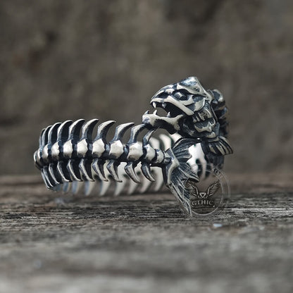 Gothic Skull Fishbone Spine Sterling Silver Open Ring