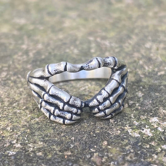 Gothic Skull Hand Heart Shaped Sterling Silver Ring