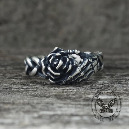 Gothic Skull Hand Holding Rose Sterling Silver Ring