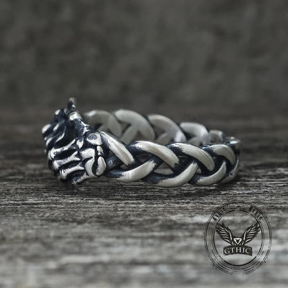 Gothic Skull Hand Holding Rose Sterling Silver Ring