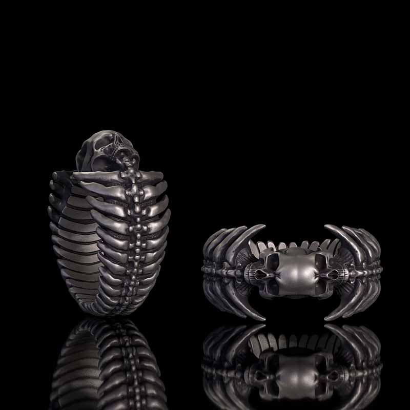 Gothic Skull Head Spine Sterling Silver Ring