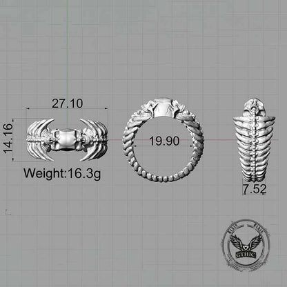 Gothic Skull Head Spine Sterling Silver Ring