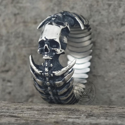 Gothic Skull Head Spine Sterling Silver Ring