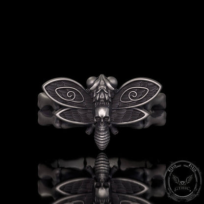Gothic Skull Moth Bone Gem Sterling Silver Ring