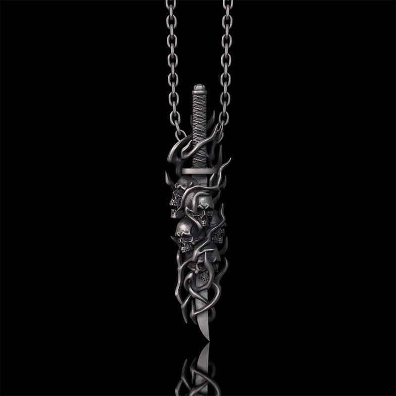 Gothic Skull Thorn Sword Sterling Silver Pendant