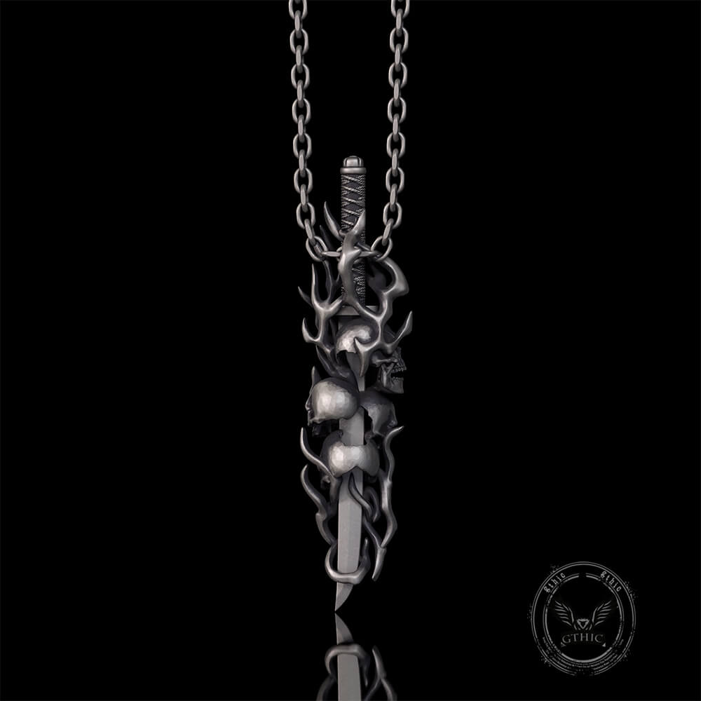 Gothic Skull Thorn Sword Sterling Silver Pendant