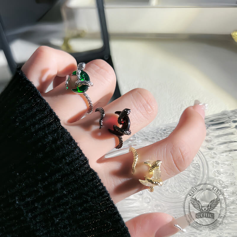 Gothic Snake-wrapped Gem Moon Copper Open Ring