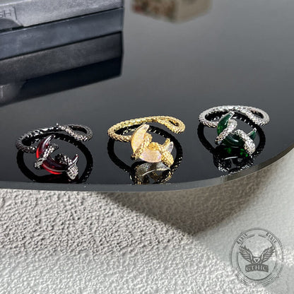Gothic Snake-wrapped Gem Moon Copper Open Ring