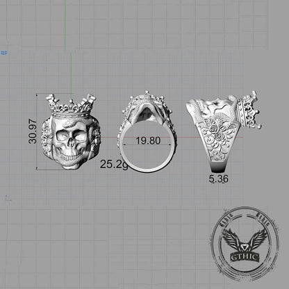 Gothic Snake Entwined Crown Skull Sterling Silver Ring