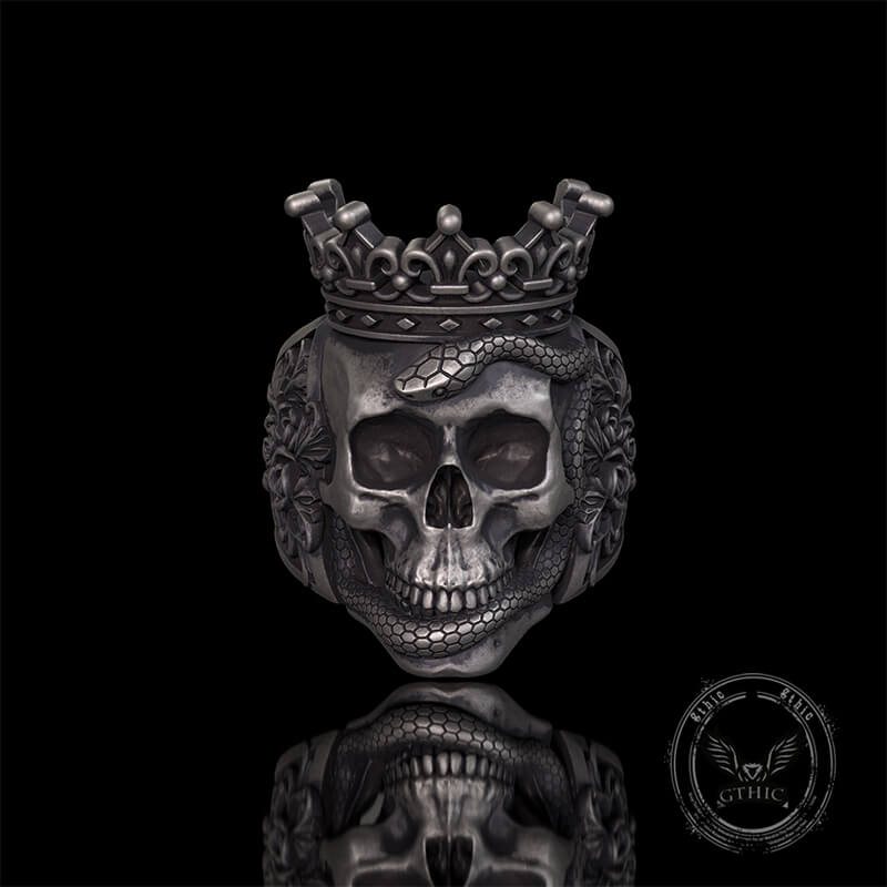 Gothic Snake Entwined Crown Skull Sterling Silver Ring