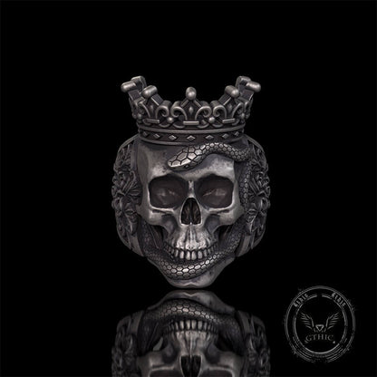 Gothic Snake Entwined Crown Skull Sterling Silver Ring