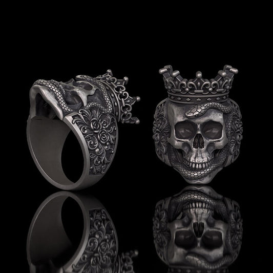 Gothic Snake Entwined Crown Skull Sterling Silver Ring