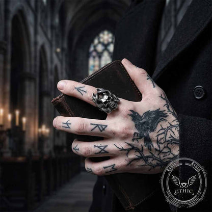 Gothic Snake Wrapped Horn Skull Stainless Steel Ring