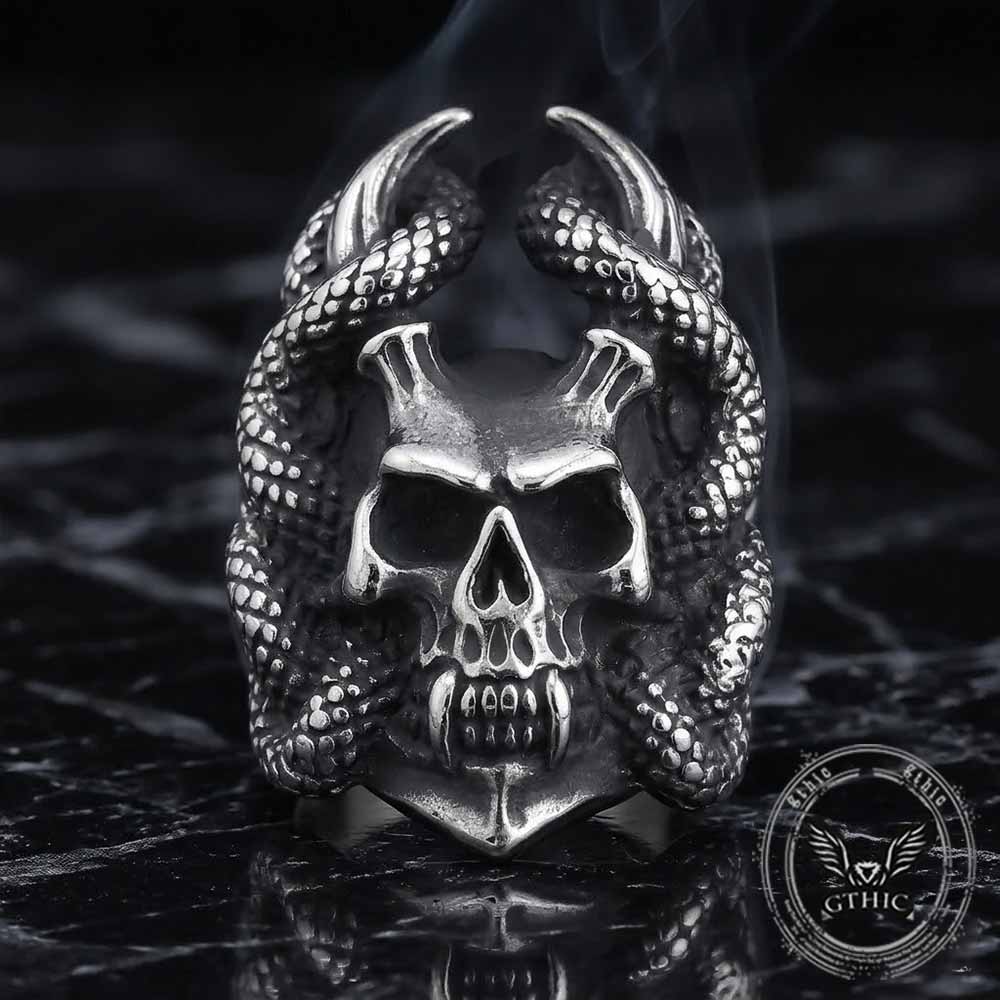 Gothic Snake Wrapped Horn Skull Stainless Steel Ring