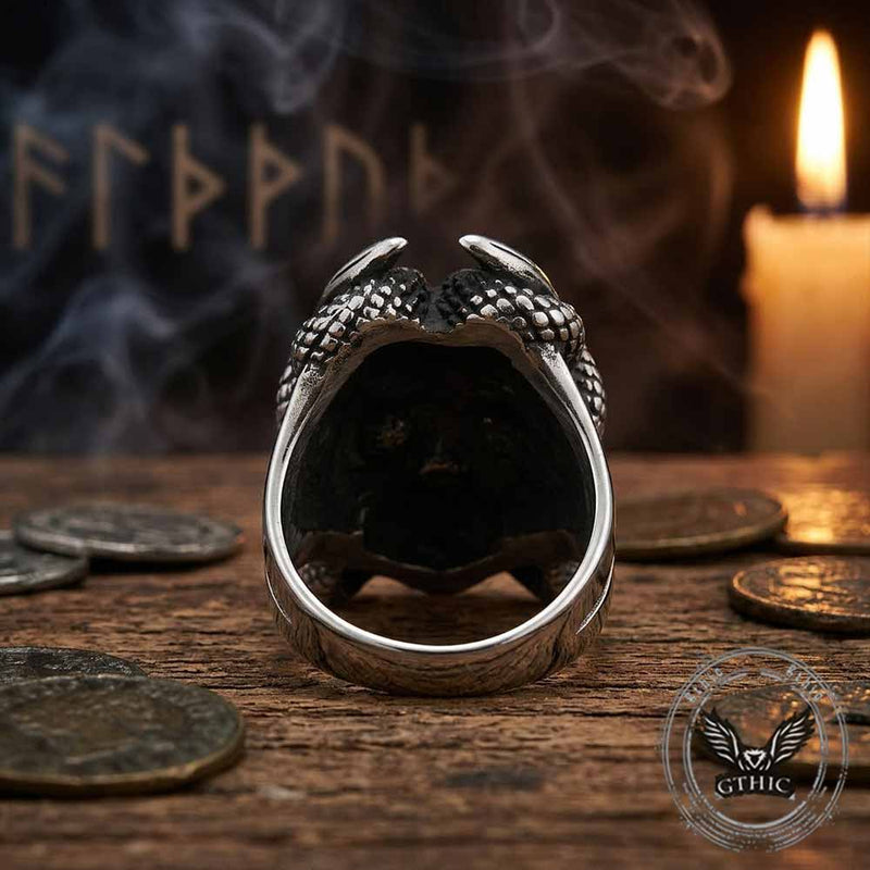 Gothic Snake Wrapped Horn Skull Stainless Steel Ring