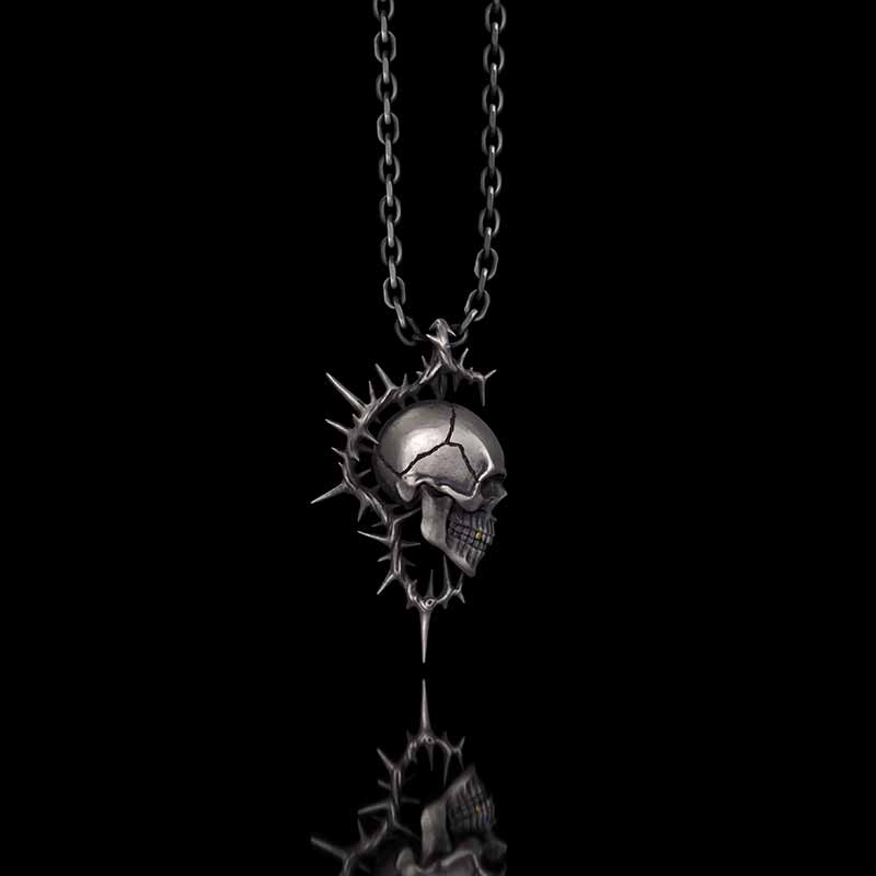 Gothic Thorn Broken Skull Sterling Silver Pendant