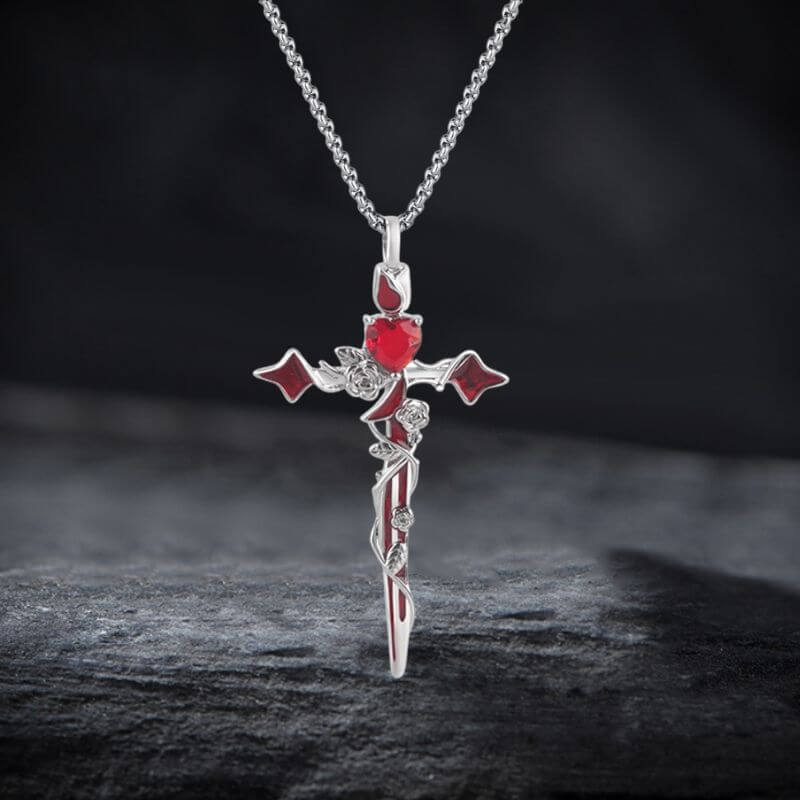 Gothic Thorn Rose Heart Gem Cross Copper Pendant