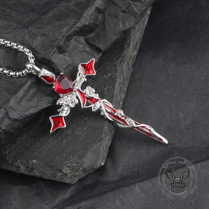 Gothic Thorn Rose Heart Gem Cross Copper Pendant