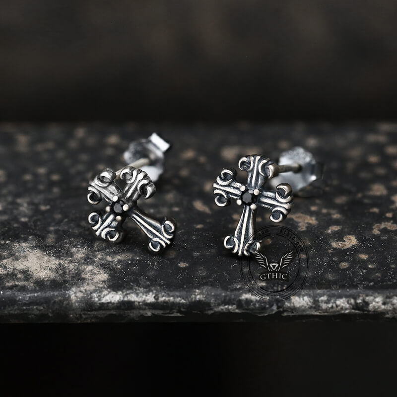 Gothic Victorian Cross Sterling Silver Stud Earrings