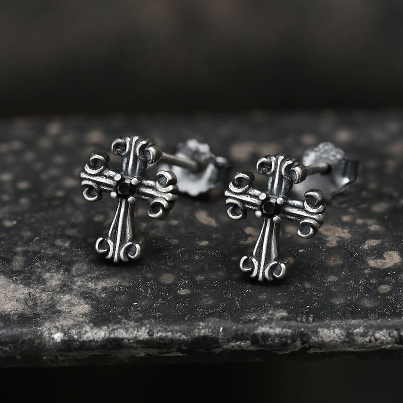 Gothic Victorian Cross Sterling Silver Stud Earrings