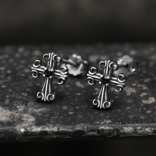 Gothic Victorian Cross Sterling Silver Stud Earrings