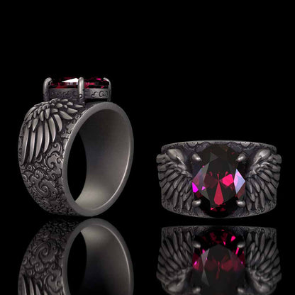 Gothic Winged Gem Vine Pattern Sterling Silver Ring
