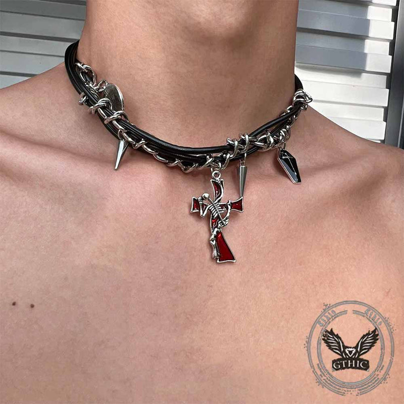 Gothic Y2k Cross Coffin Pu Leather Alloy Choker