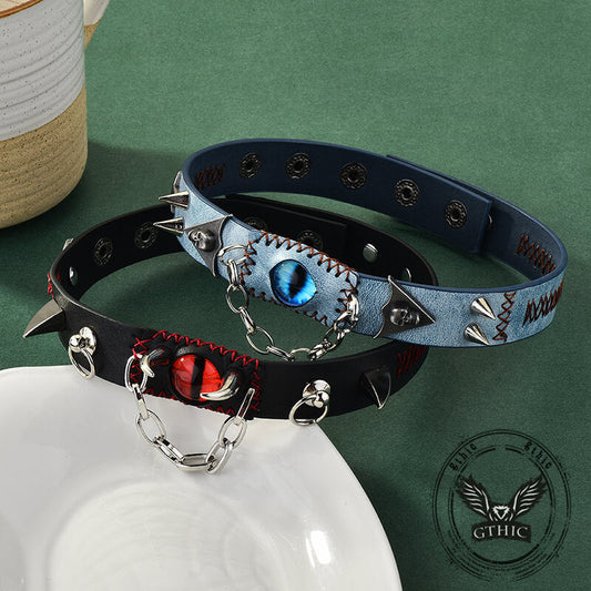 Gothic Y2k Gem Eye Skull Rivet Leather Choker Necklace
