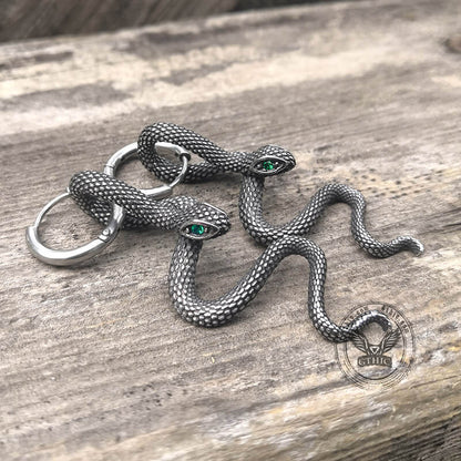Green Eye Snake Stainless Steel Drop Earrings