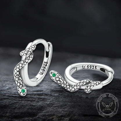 Green Eyed Snake Sterling Silver Hoop Earrings