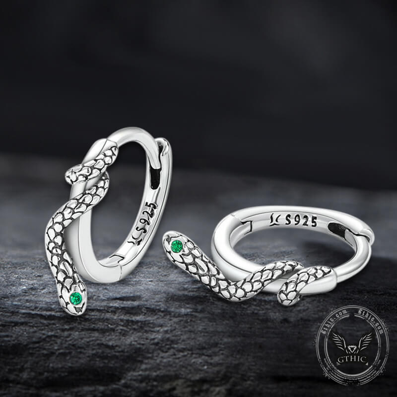 Green Eyed Snake Sterling Silver Hoop Earrings