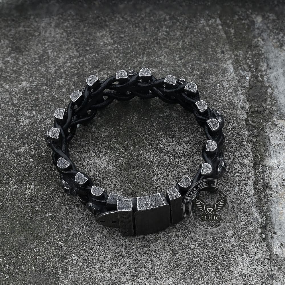 Woven Leather Stainless Steel Skull Bracelet