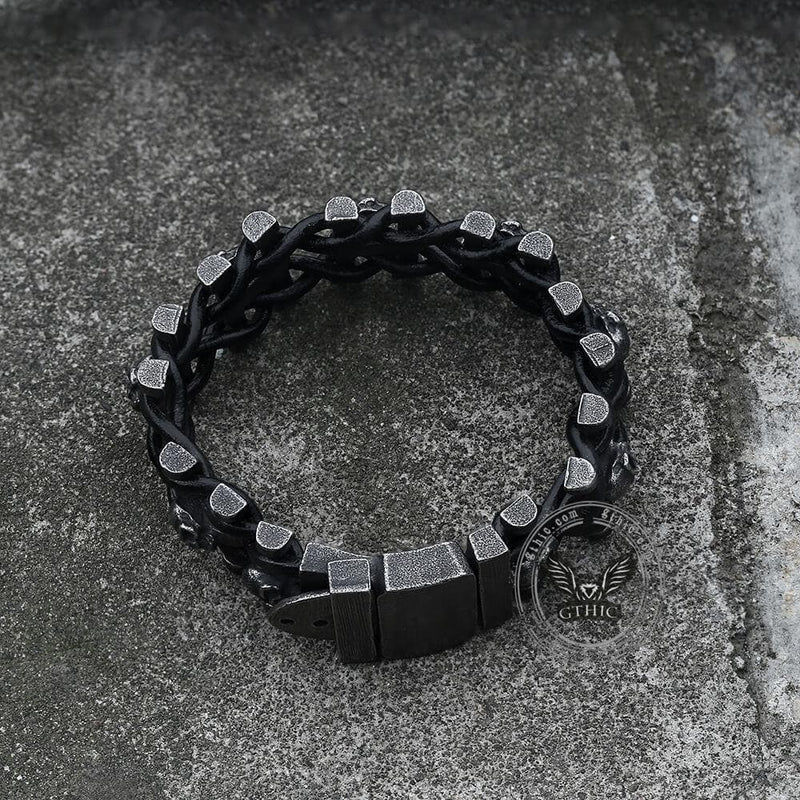 Woven Leather Stainless Steel Skull Bracelet