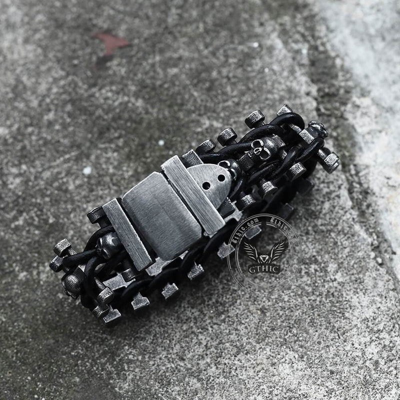 Woven Leather Stainless Steel Skull Bracelet