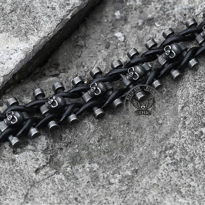 Woven Leather Stainless Steel Skull Bracelet