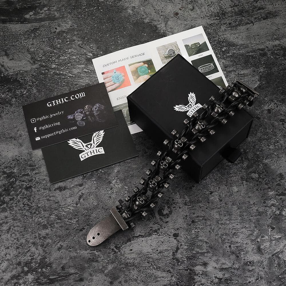 Woven Leather Stainless Steel Skull Bracelet
