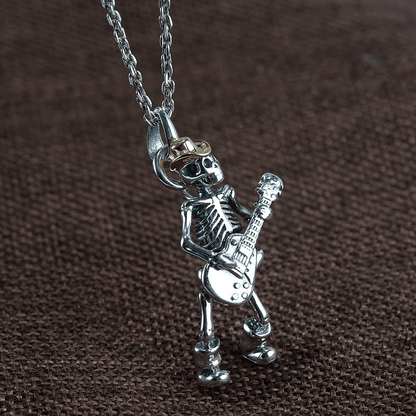 Playing Guitar Sterling Silver Skull Pendant