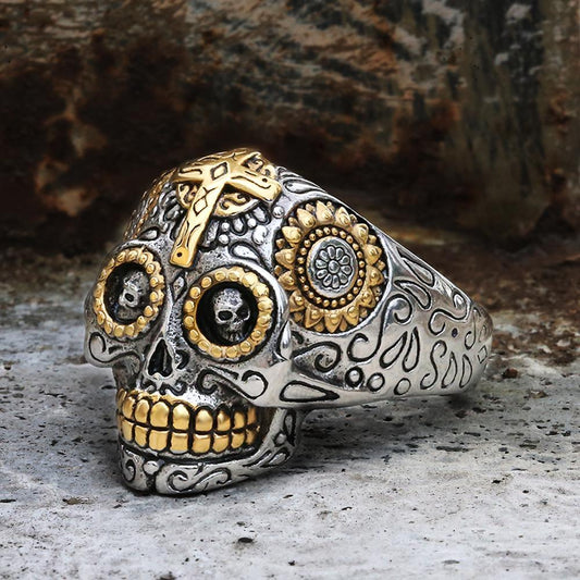 Cross Sugar Skull Ring