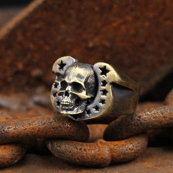 Horseshoe Pentagram Brass Skull Ring