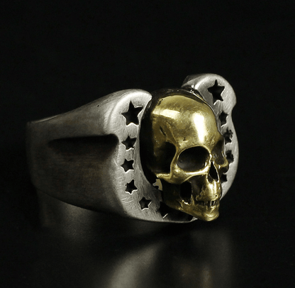 Horseshoe Pentagram Brass Skull Ring