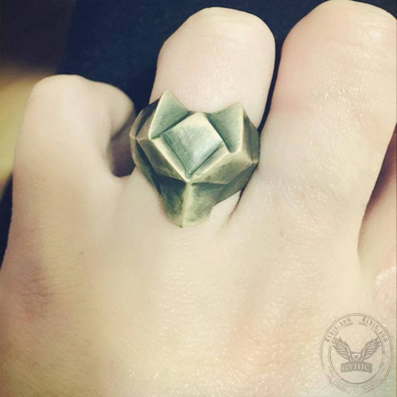 Faceted Fox Head Sterling Silver Biker Ring