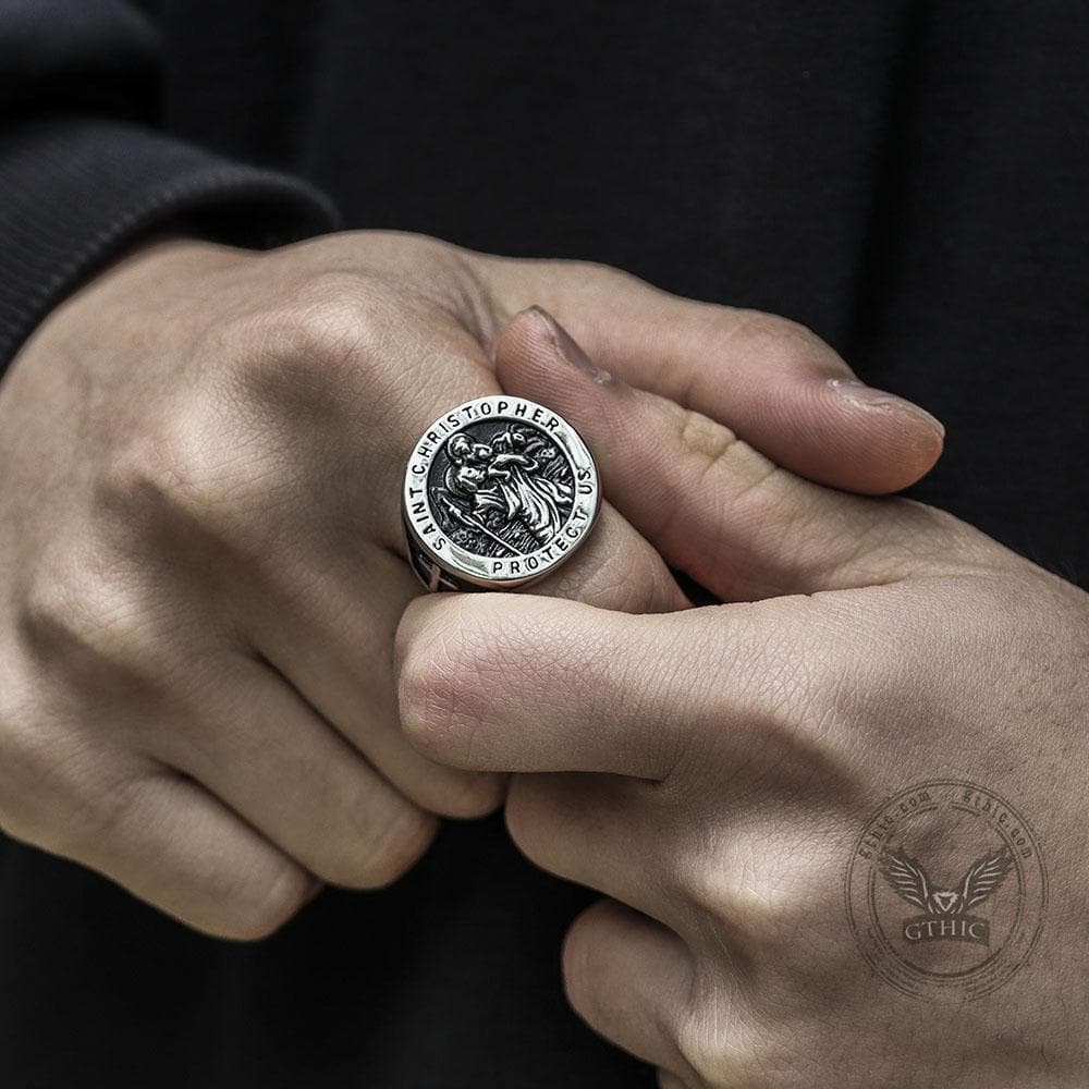 Saint Christopher Protect Us Stainless Steel Cross Ring