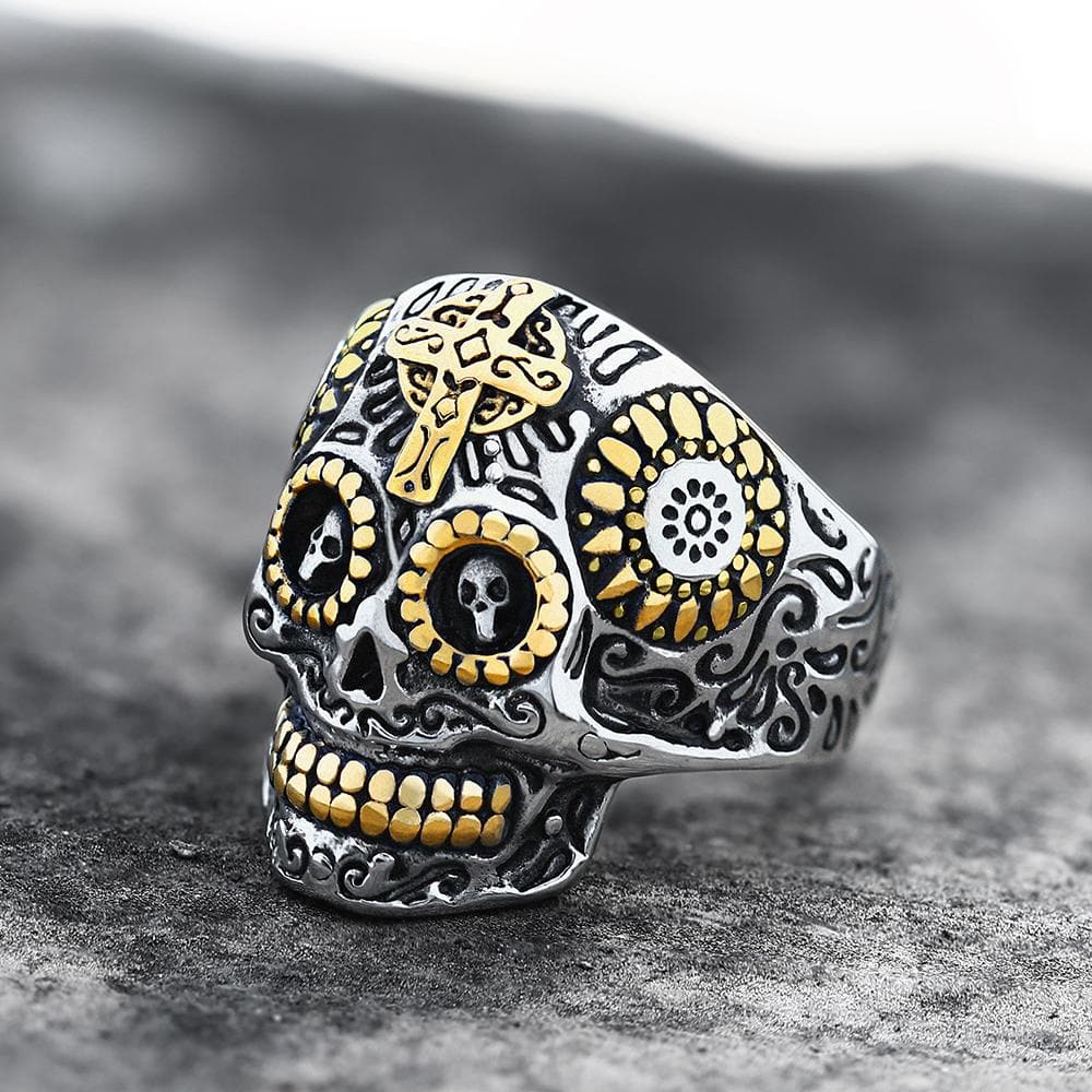 Cross Stainless Steel Sugar Skull Ring